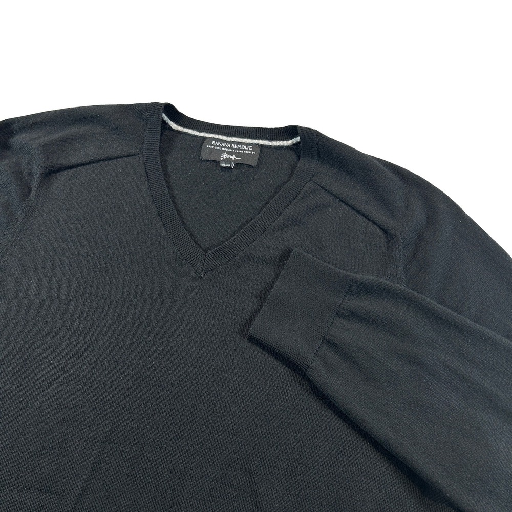 Banana Republic Sweater Mens XL Black V-Neck Italian Merino Wool Baruffa